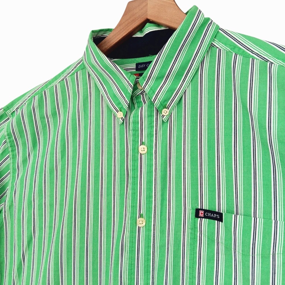 Chaps Long Sleeve Shirt Mens L Green Striped Pocket Easy Care Preppy Casual